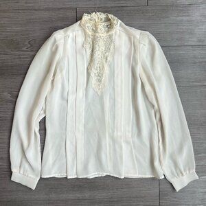 Vtg Cream Chiffon Lace High Neck Romantic Blouse Ronnie Ronnie California Size S
